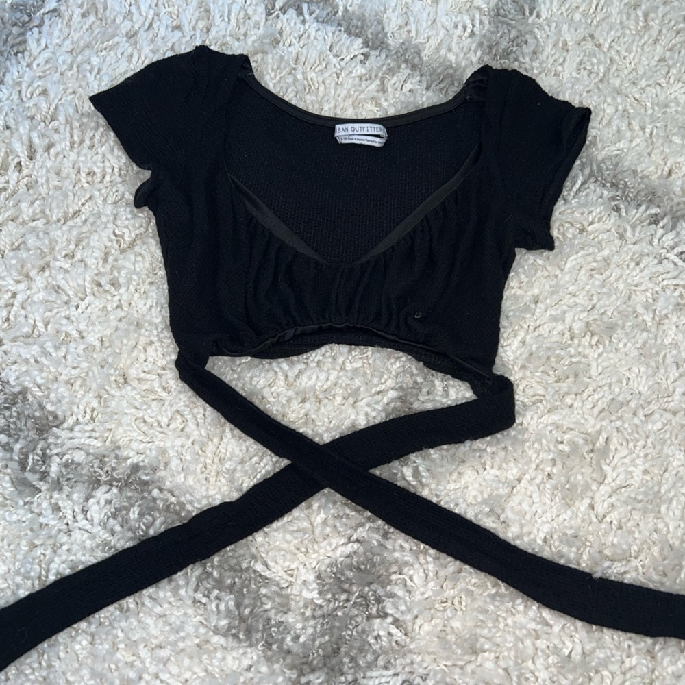 Urban outfitters black short sleeve wrap crop top
